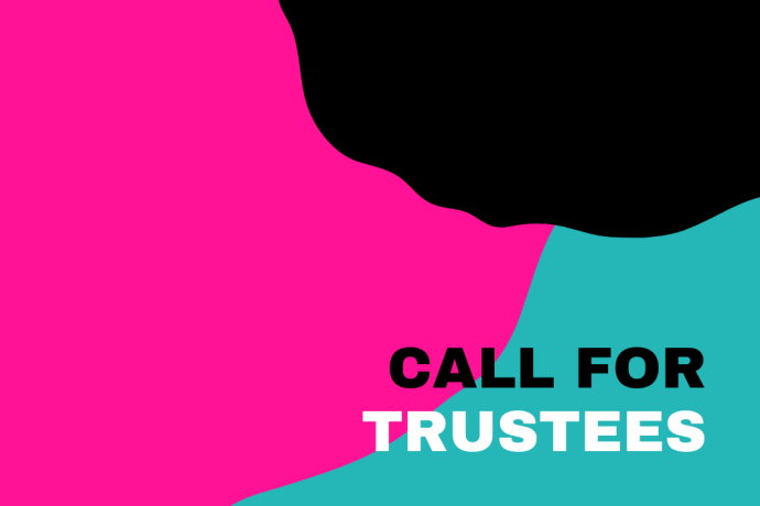 Teal, hot pink and black swirls with the text 'Call for Trustees'