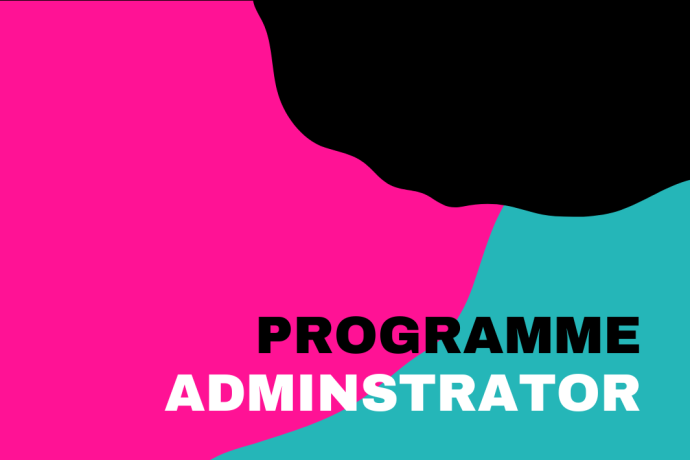 Teal, hot pink and black swirls with the text 'Programme Adminstrator'