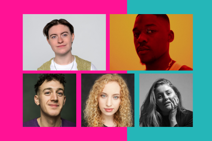 Headshots of five people on a black, hot pink and teal background. 