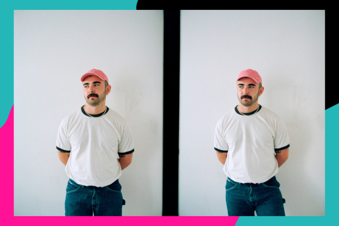 A double image of a person in the same pose. The person wears a white t-shirt, dark trousers, pink baseball cap and a mustache. 