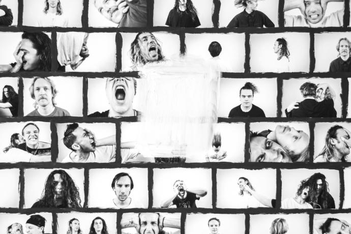 A black-and-white collage of expressive portraits featuring multiple people in varying emotional states. Each square frame shows close-up shots of faces screaming, staring, turning, or holding their heads. The frames are bordered in black brushstrokes, with a central portion obscured by a white painted section, adding a raw, chaotic feel to the image.
