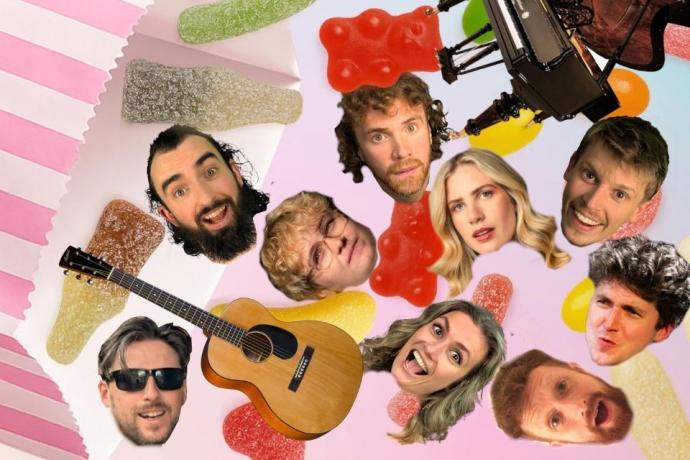 A group of peoples cheerful heads, sweets and musical instruments being poured out of a sweets bag