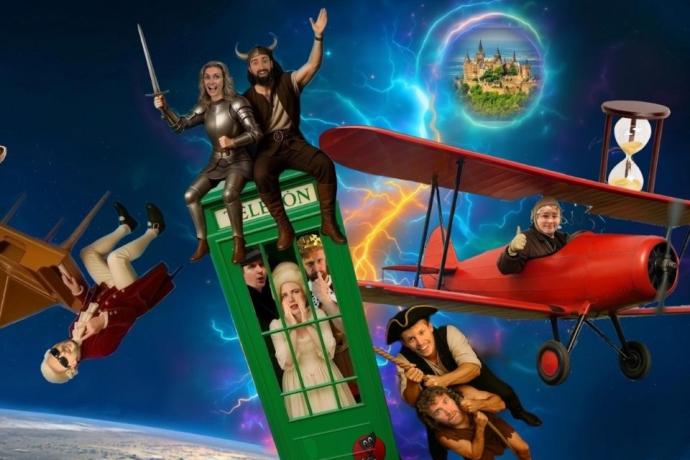 an absurd image in space with a diverse group of people dressed in various historic era clothing, riding a plane, a rope, a phone booth and a piano.
