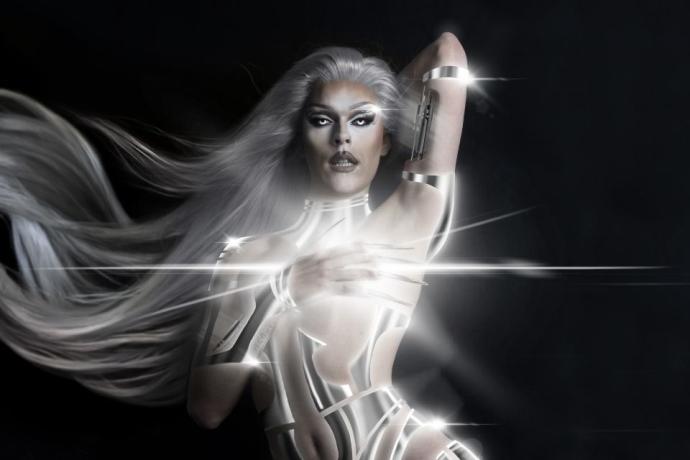 an etherial female figure with long platinum hair flowing, wearing a futuristic outfit made of silver.
