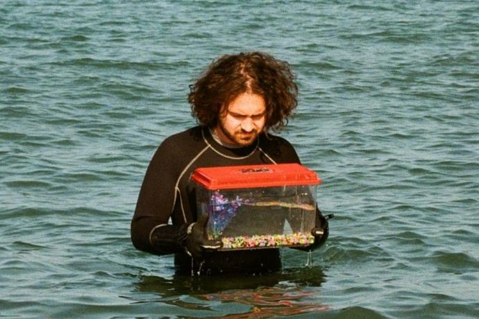 A man in a wetsuit holds a fishtank while standing in the water, looking focused and engaged in an activity.  