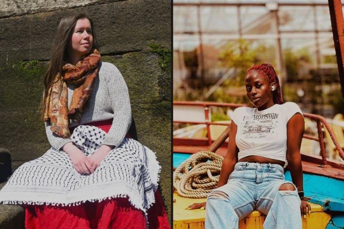  Two images of women sitting; one woman is wearing a colorful scarf and the other is sitting on a boat.