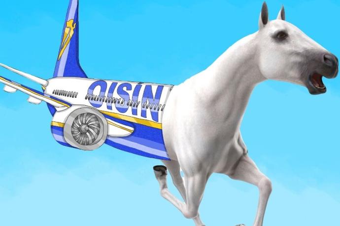 A horse dressed as a Ryanair plane flying through a blue sky