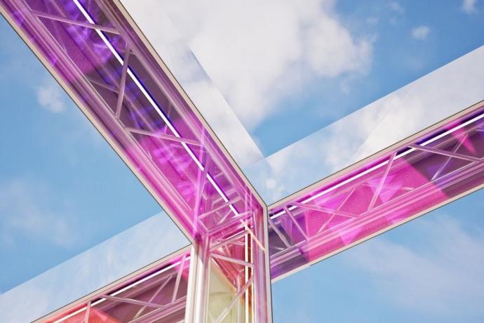 An abstract sculpture bottom perspective shot, with neon hues 