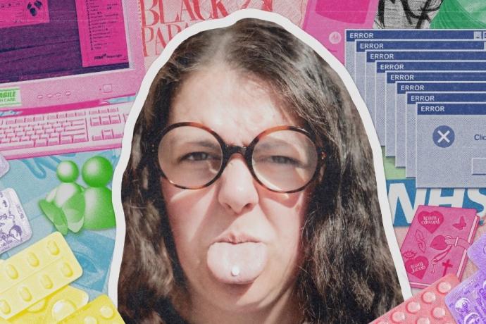 A woman with glasses is surrounded by a chaotic collection of colorful stickers.  