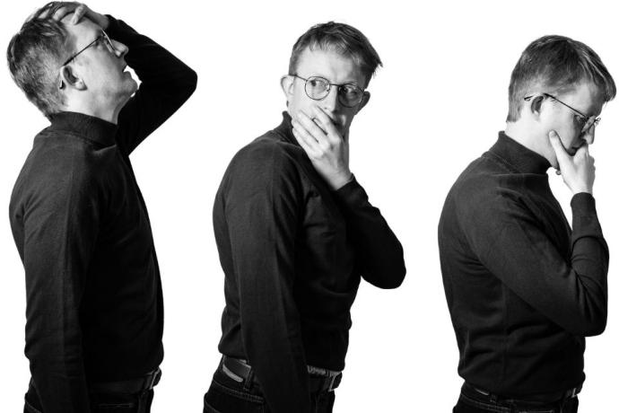 A man with glasses and wearing a turtleneck poses in three different stances, showcasing varied expressions and body language.  