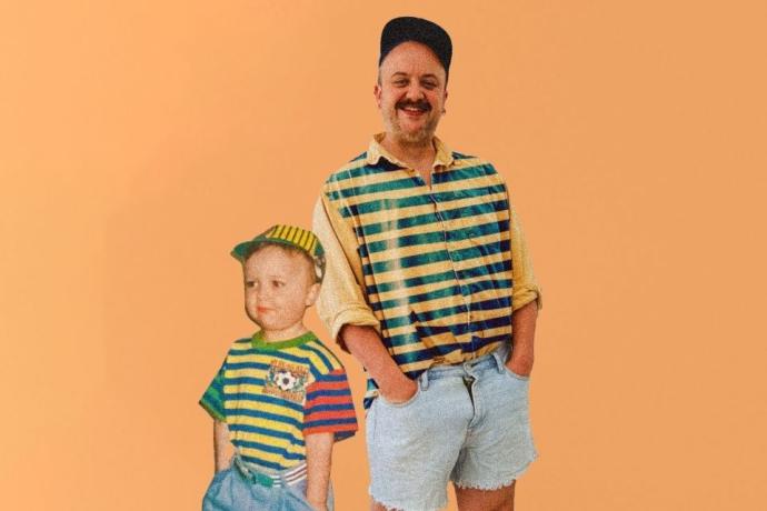 Image of man standing beside his younger self