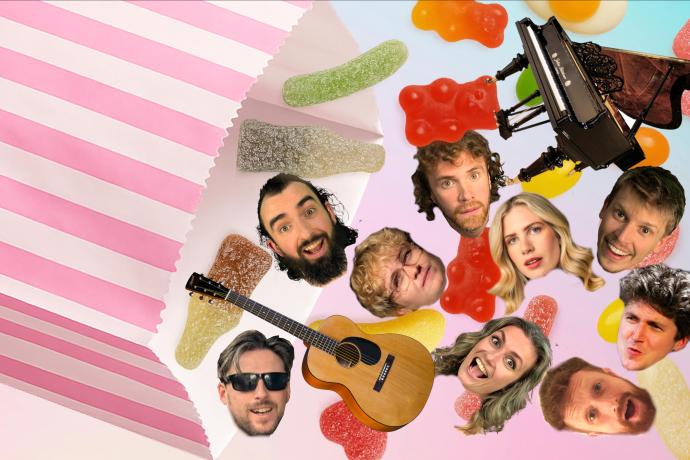 Sweets and heads coming out of a pink bag