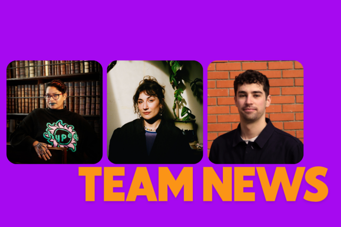 Graphic reading “Team News” with three headshots of new Dublin Fringe Festival team members on a purple background.
