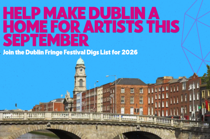 The image shows text headlining the callout for the 2026 Digs List, with a blue background and a cutout of an image of Dublin city quays.