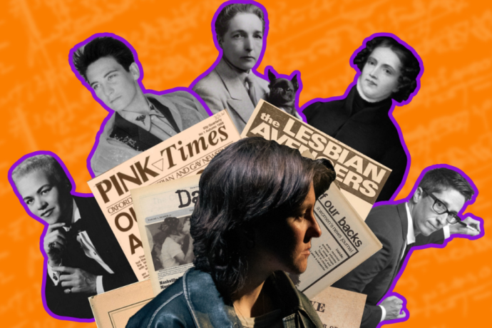 A profile shot of a person in a leather jacket layered over a collage of historical LGBTQ+ figures, vintage newspapers, and an orange background.