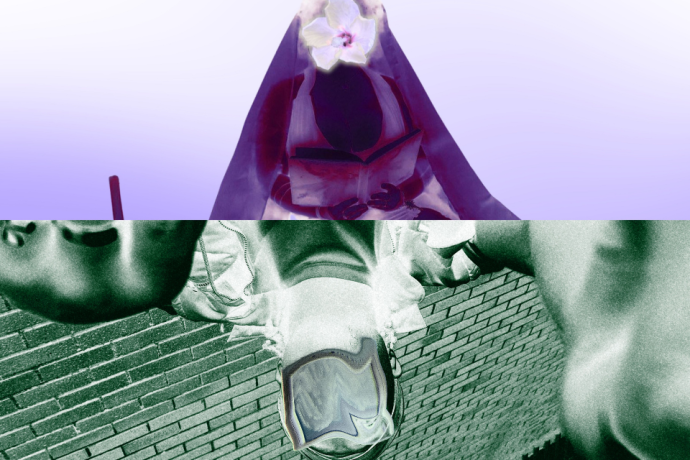 An abstract split image with a purple-veiled figure above and green-tinted close-up body details below.