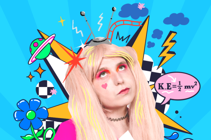 A bright cartoon-style collage of a person with pink hair against a blue background with planets, lightning, flowers and a physics formula bubble.