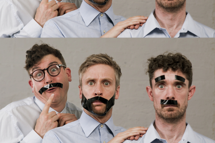 A two-panel photo of three men wearing taped-on black moustaches, looking startled and comic.
