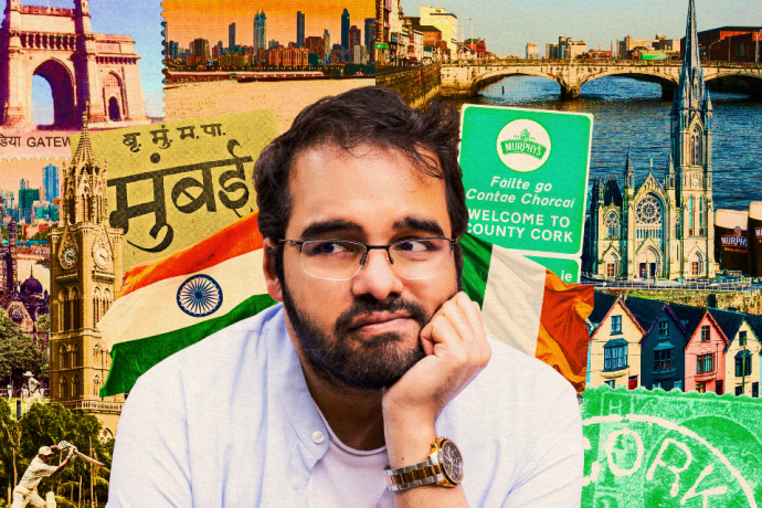 A man rests his head on his hand in front of a colourful collage combining Mumbai and Cork imagery, including landmarks, text and maps.