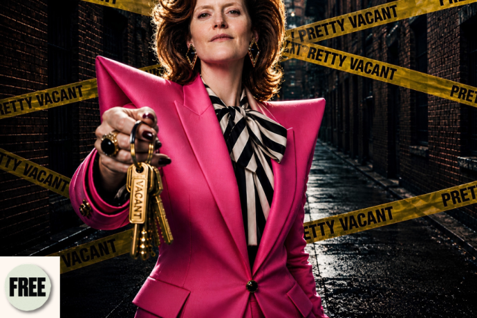 A woman in a hot pink suit stands in an alley holding out keys, with ‘Pretty Vacant’ tape stretched behind her. Visible symbols: Free