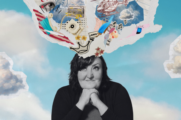 A black-and-white portrait of a person resting their chin on their hands, with a colourful collage bursting from their head against a blue sky background. The collage includes clouds, a helicopter, music notes, a fan, a telephone, a camera and other scattered objects.