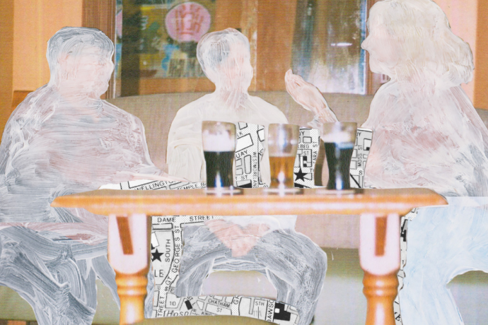 A semi-transparent, painterly image of three figures sitting around a table with pints, as if viewed through white brushstrokes. 