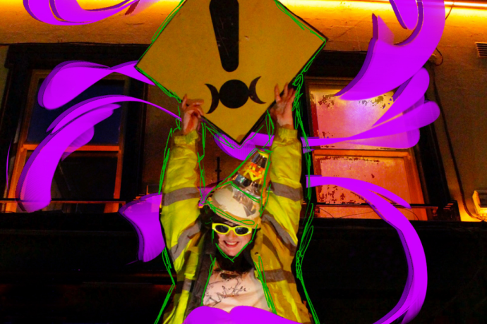 A person in a high-visibility jacket holding a yellow warning sign overhead, framed by abstract purple digital brushstrokes.