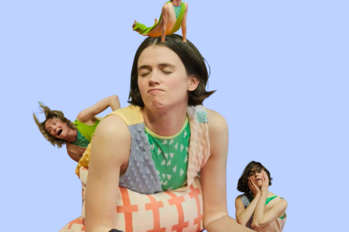 Two performers appear in a playful collage, with one figure balancing on another’s head against a pale blue background.