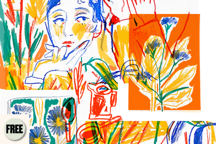 A colourful illustration of faces, hands, flowers and leaves in orange, yellow, blue, green and red. Visible access symbol: Free.