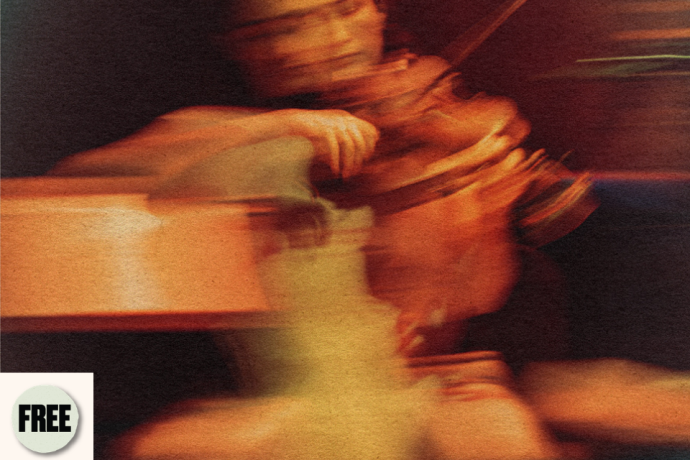 A blurry, motion-streaked photograph of a person playing a violin or viola, rendered in warm orange and brown tones with a textured grain finish.