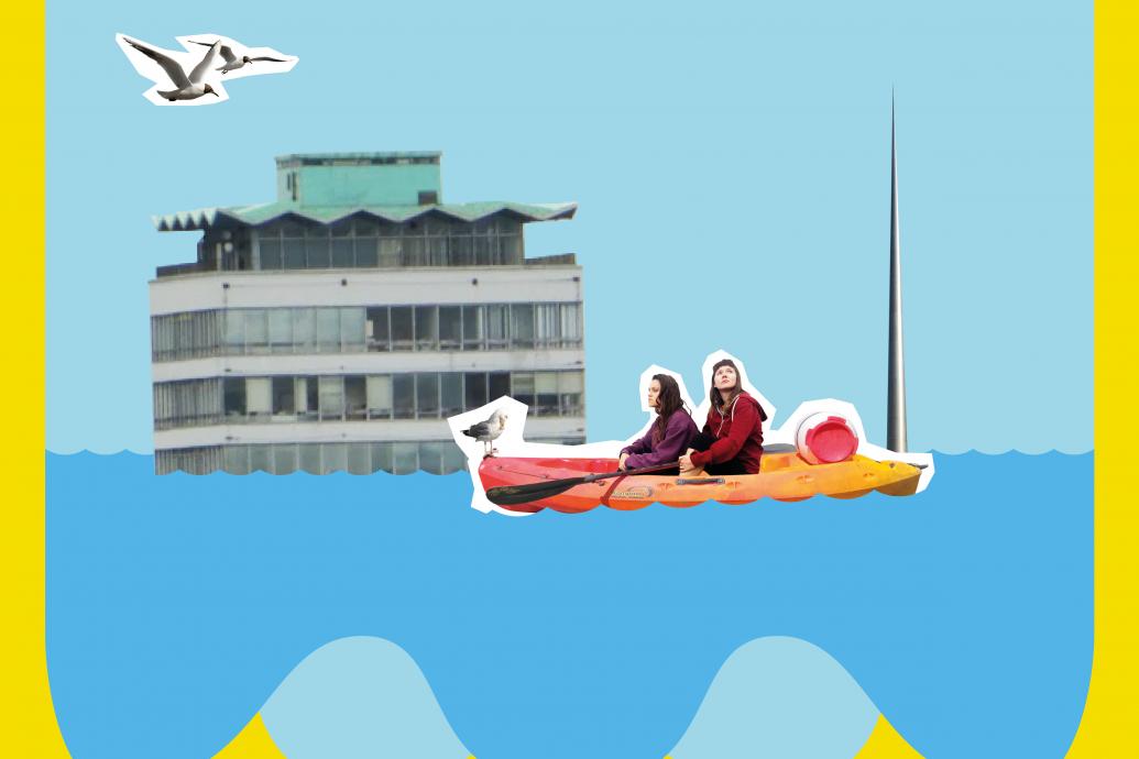 A collage image of two women on a boat floating past a submerged Spire and Liberty Hall with two seagulls overhead