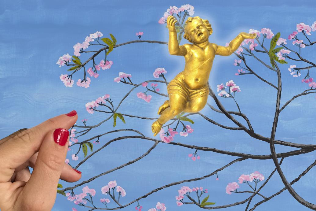 A golden cupid floats against a painting of cherry blossom branches against a blue sky, with a hand with red painted nails rests against the left of the image