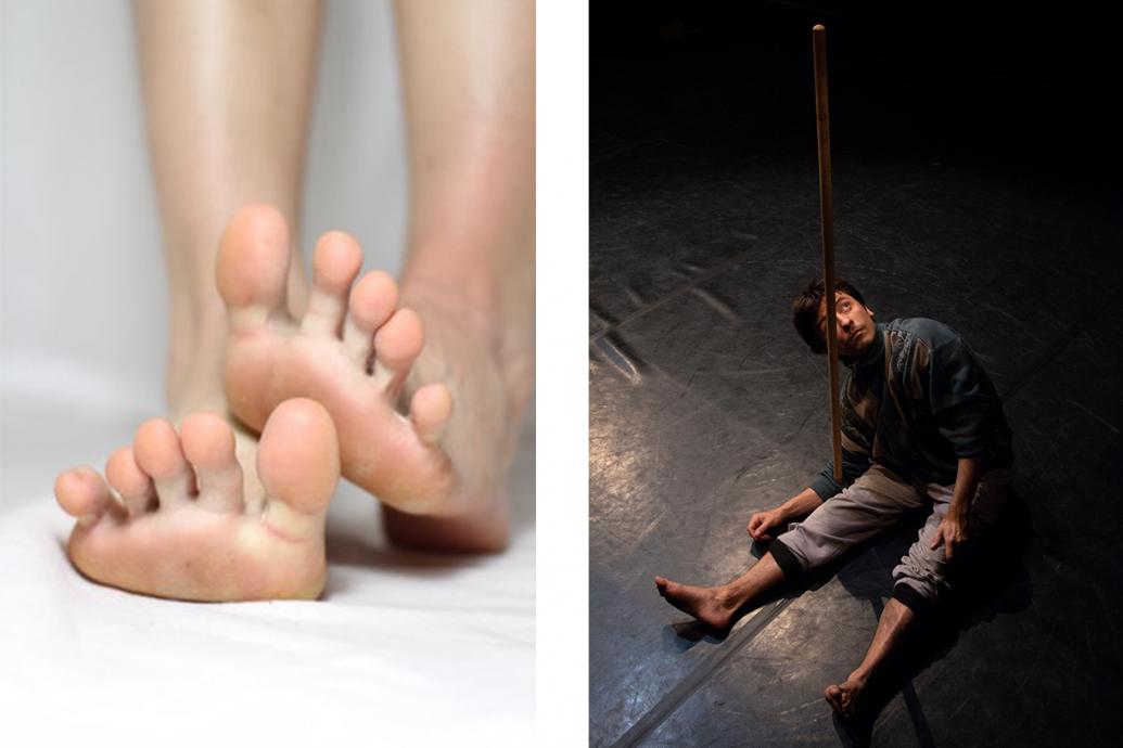 one image of feet, one image of a man and a stick