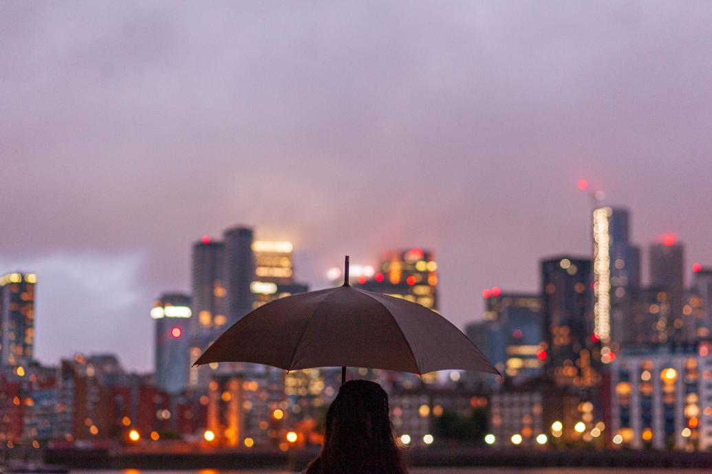 Person holding a umbrella facing dusky city lights