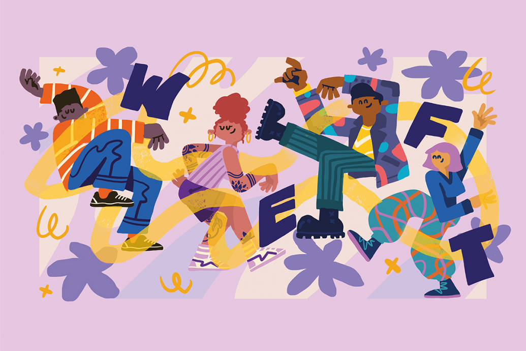 Joyful animated characters on colourful background. Illustration by Ashwin Chacko.