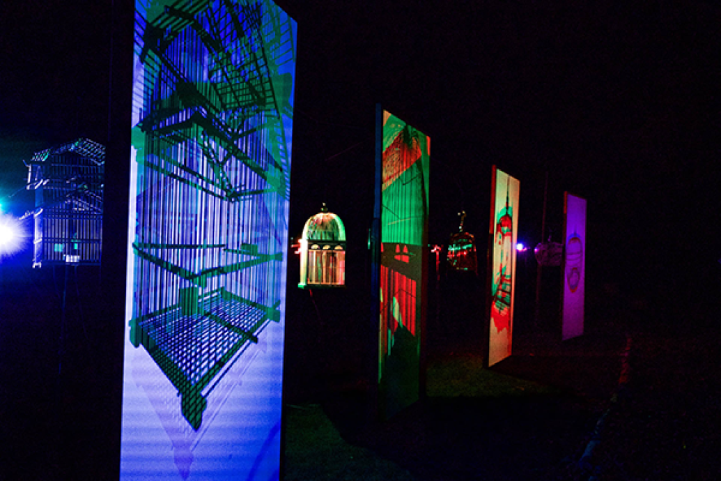 Brightly lit projection artworks showing birdcages at night in a wooded setting