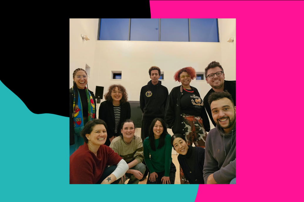 Teal, hot pink and black swirly colours framing a photograph of a group of ten people in a rehearsal room.