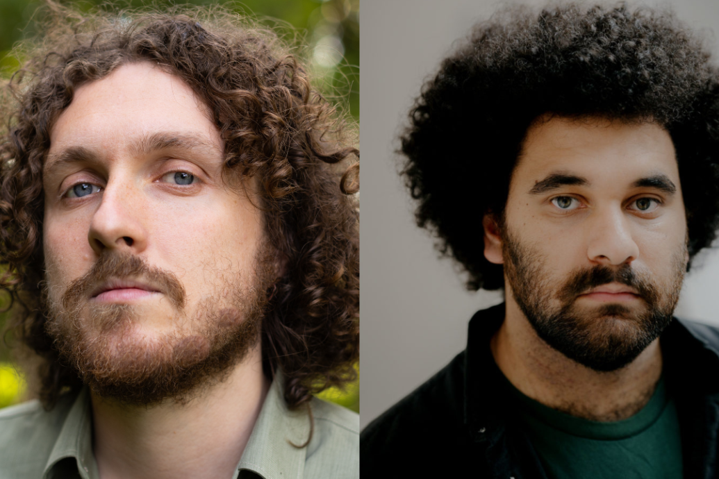 Two men with curly hair and beards; the man on the left is outside with a green background, and the man on the right is indoors with a plain background.