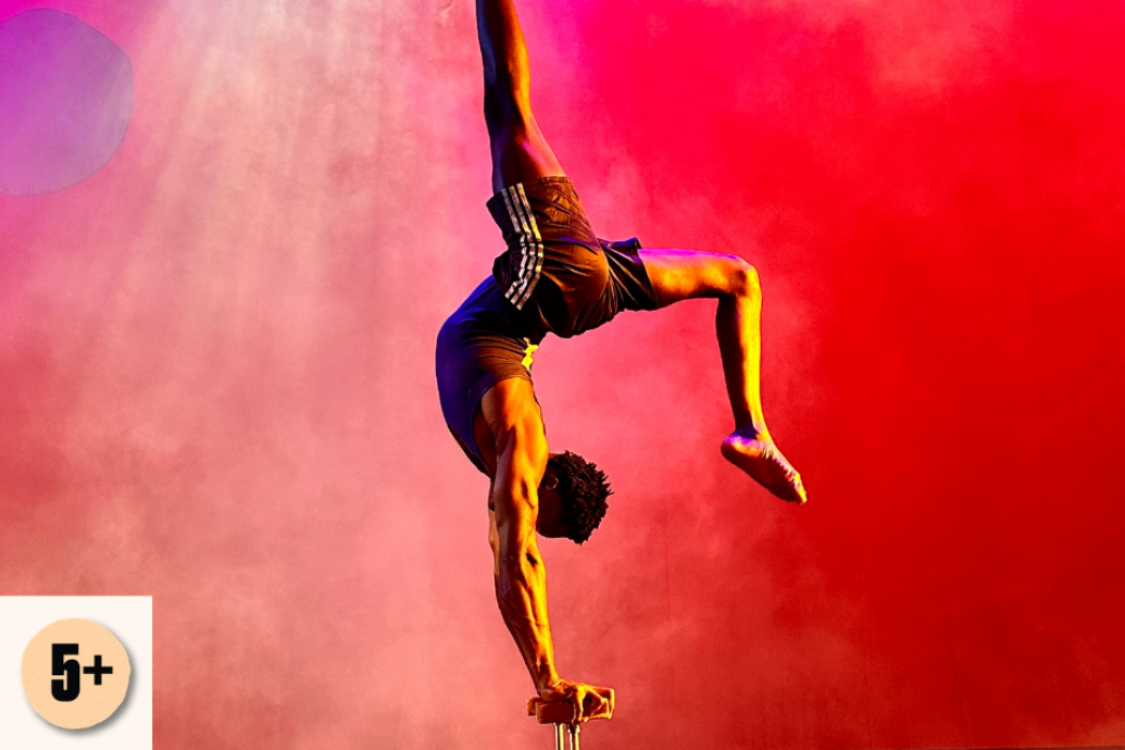 A circus performer balances in a one-handed handstand against a red and pink smoke-filled stage background. Visible access symbol: 5+.