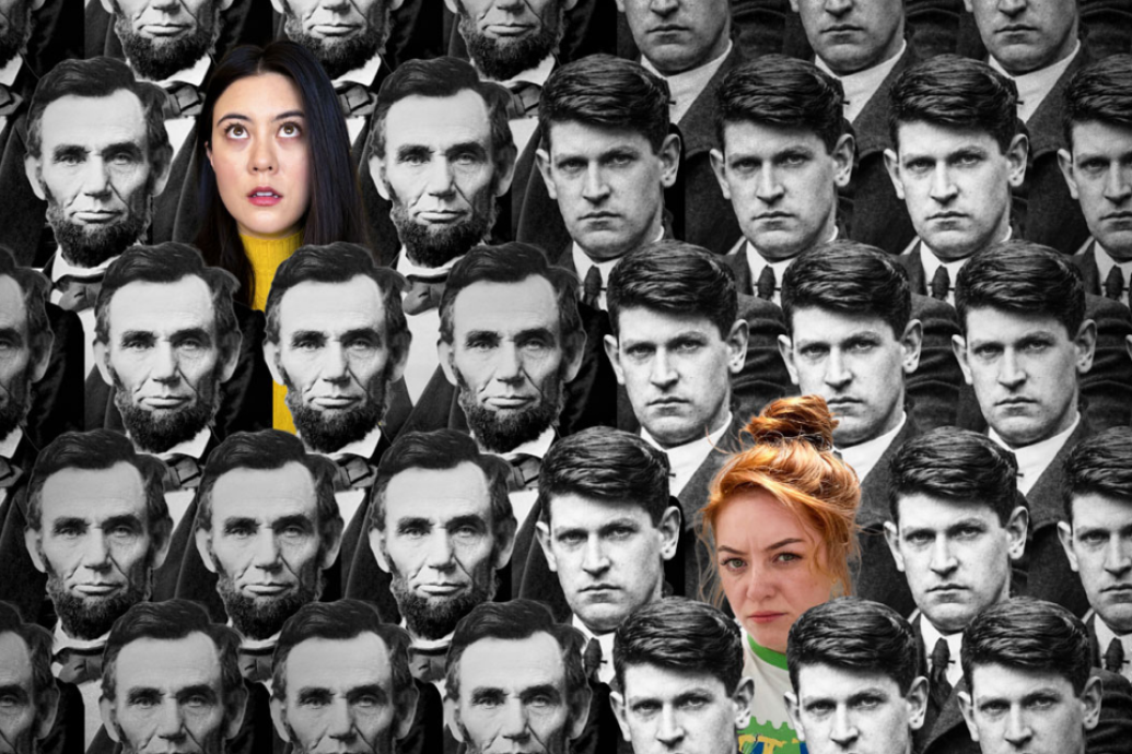 A collage-style image of two women surrounded by repeated black-and-white portraits of Abraham Lincoln and another historical figure.