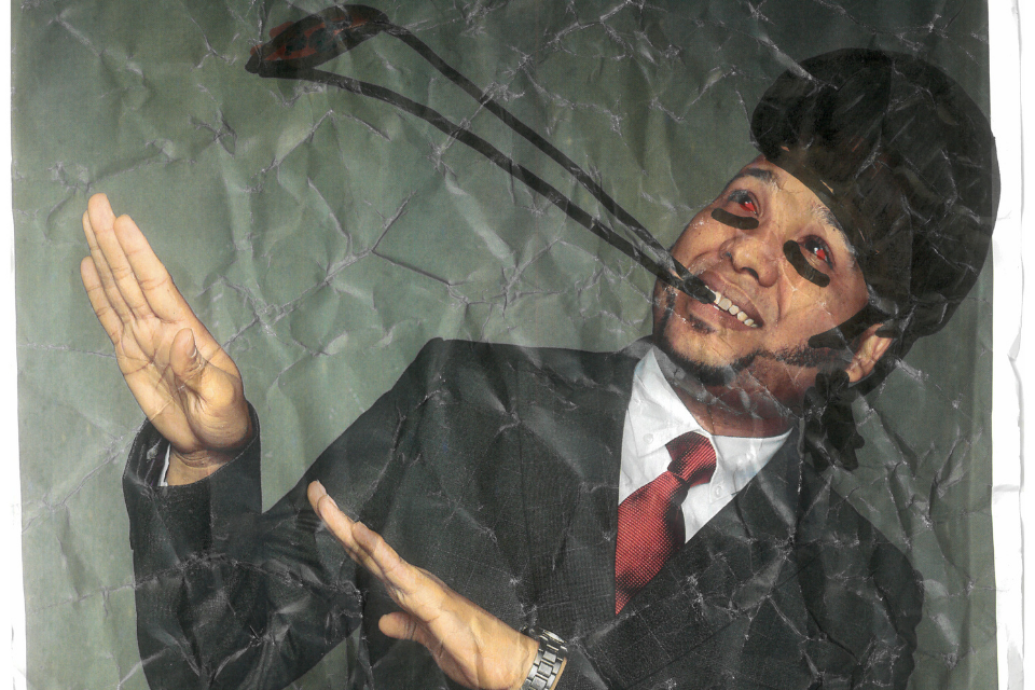 A person in a suit poses with raised hands in front of a crumpled paper-like background, with a drawn insect cigarett extending from their face.