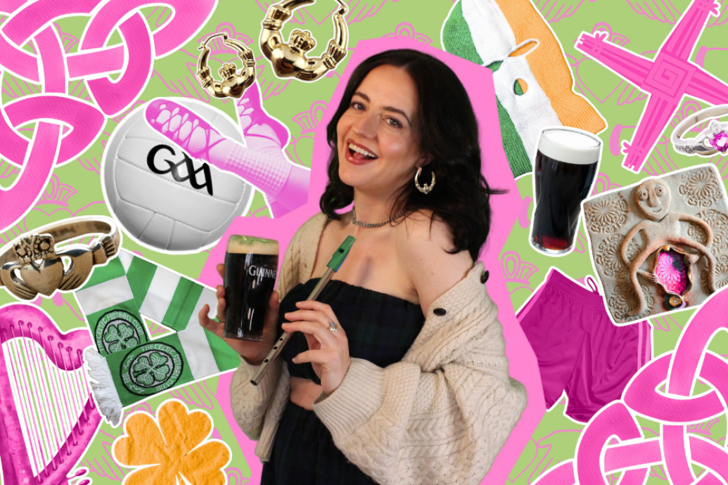 A smiling woman holds a tin whistle and a glass of dark stout against a bright collage of Irish cultural objects, sports items and patterns.