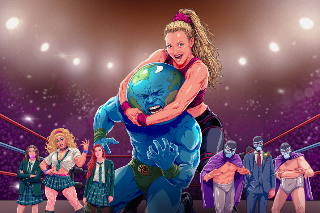 A colourful illustrated wrestling scene with a woman holding a blue globe-headed figure in a ring, surrounded by other characters.