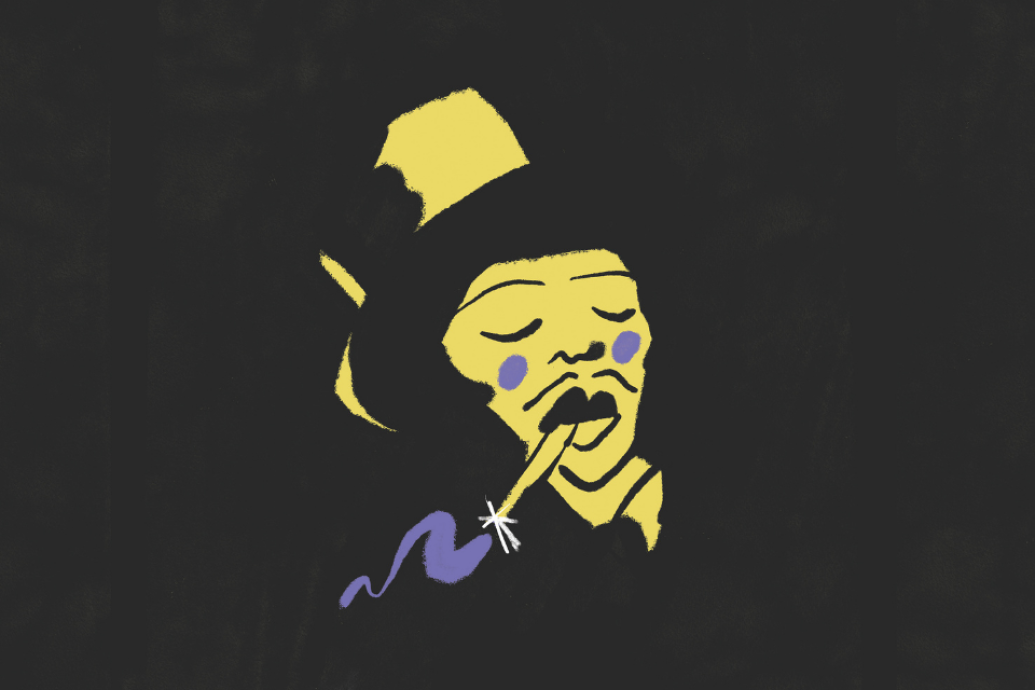 A yellow illustrated figure on a dark background smokes a cigarette, with a purple trail curling from it.