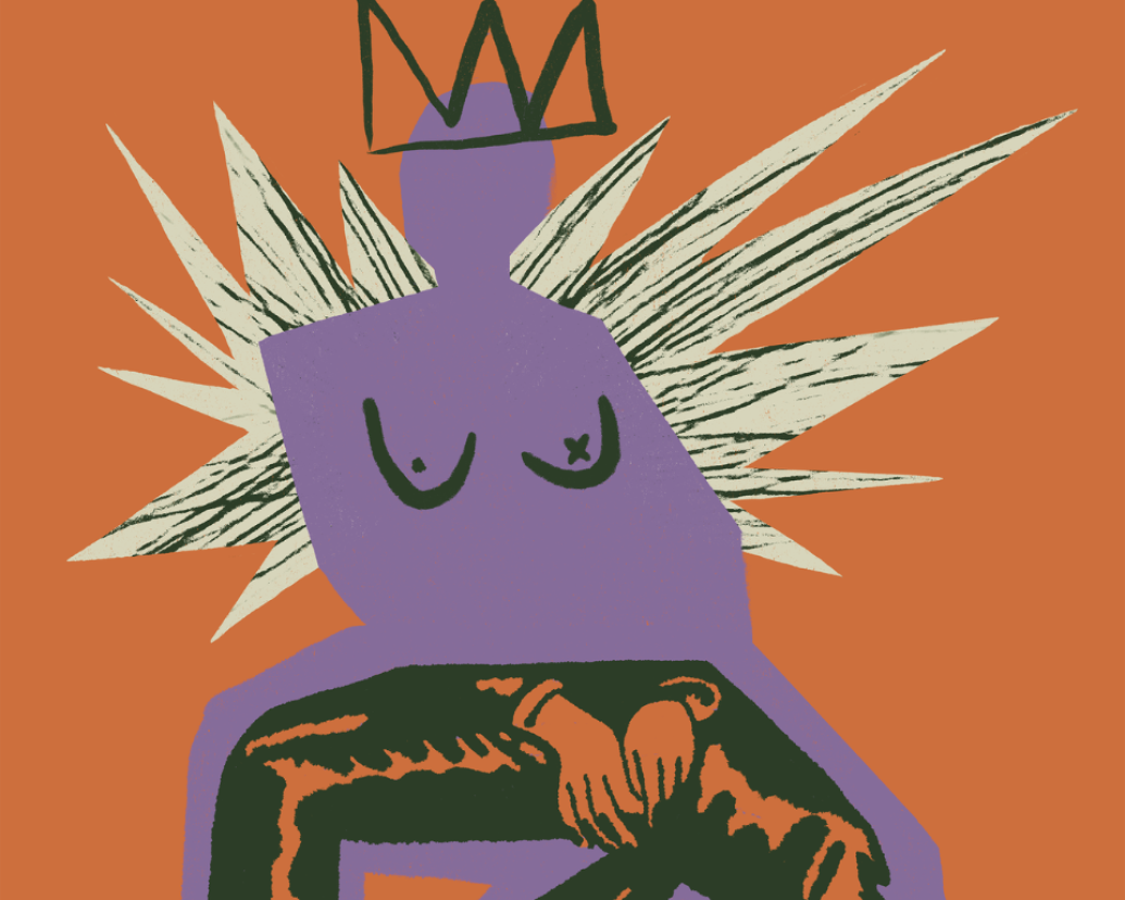 A stylized, block-print style illustration of a purple figure wearing a crown, dark trousers, and high heels, sitting and holding a top hat against an orange background.