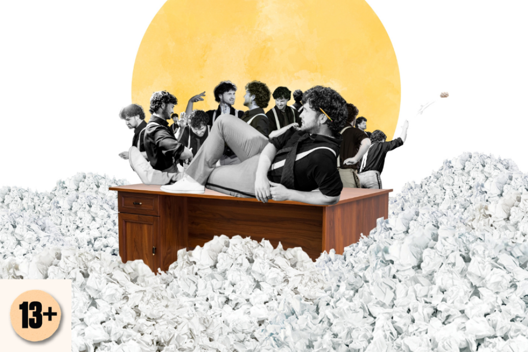 A collage of a person lounging on a wooden desk in front of a large yellow circle, surrounded by repeated cut-out versions of himself. Visible logo: 13+.