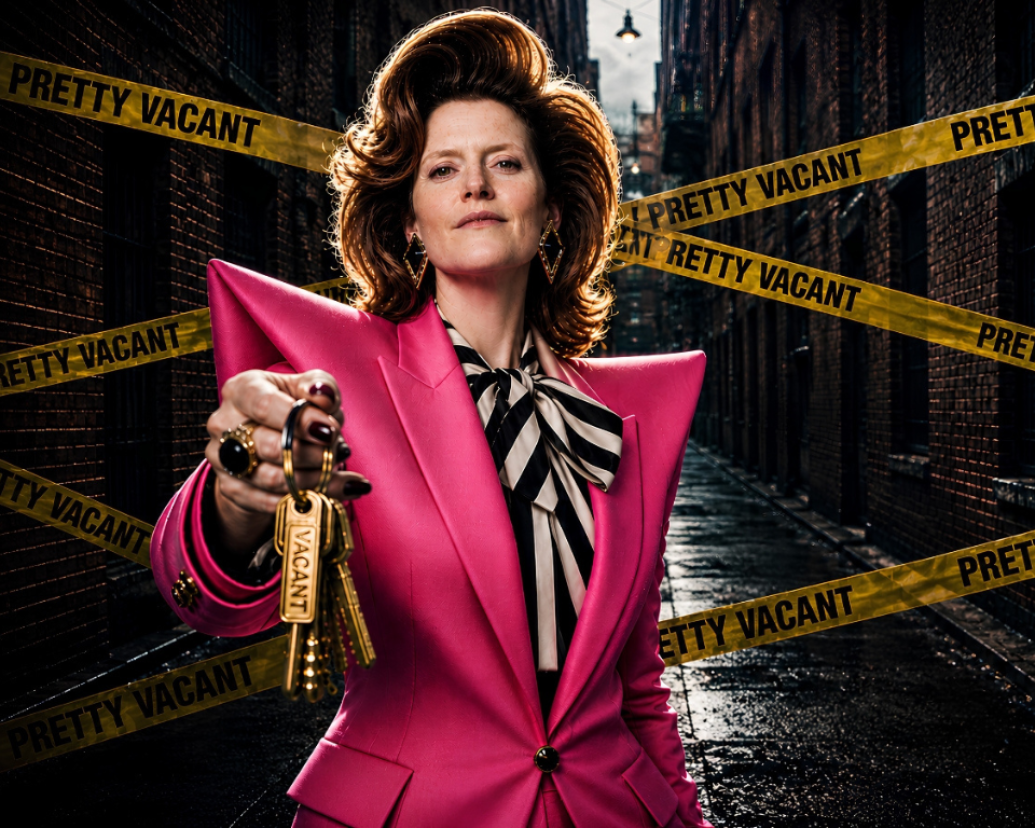 xA person in a bright pink blazer holds a set of gold keys toward the camera in a dark alley lined with yellow "PRETTY VACANT" tape.