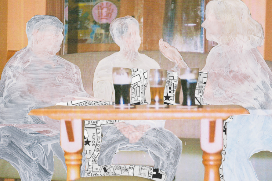 A semi-transparent, painterly image of three figures sitting around a table with pints, as if viewed through white brushstrokes. 