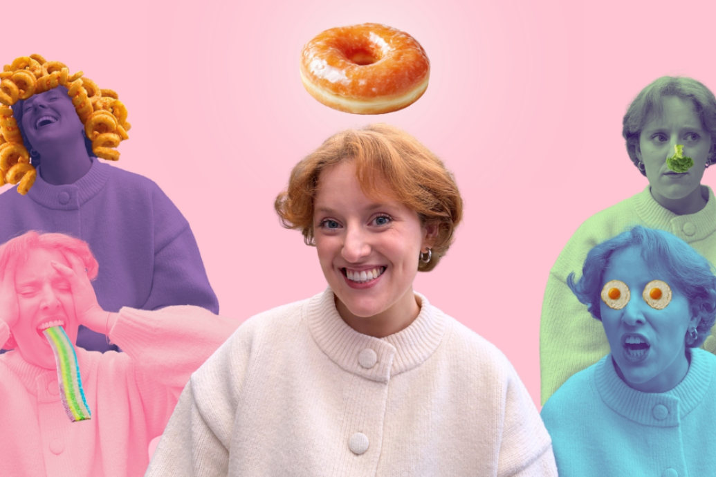A surreal pop-art collage of a person interacting with different foods against a pink background, with a glazed donut floating over their head in the center.