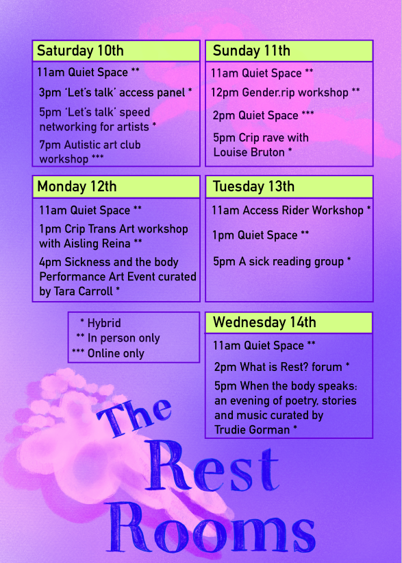Pink and purple gradient background with illustrated lounging figures. Blue title at the bottom of the page reads: ‘The Rest Rooms’  5 rectangle boxes, a box for each day of events with lime green tops